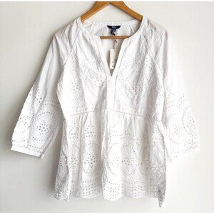 Hatley White Cotton Eyelet Detail Boho top Organic Cotton XS made in India XS